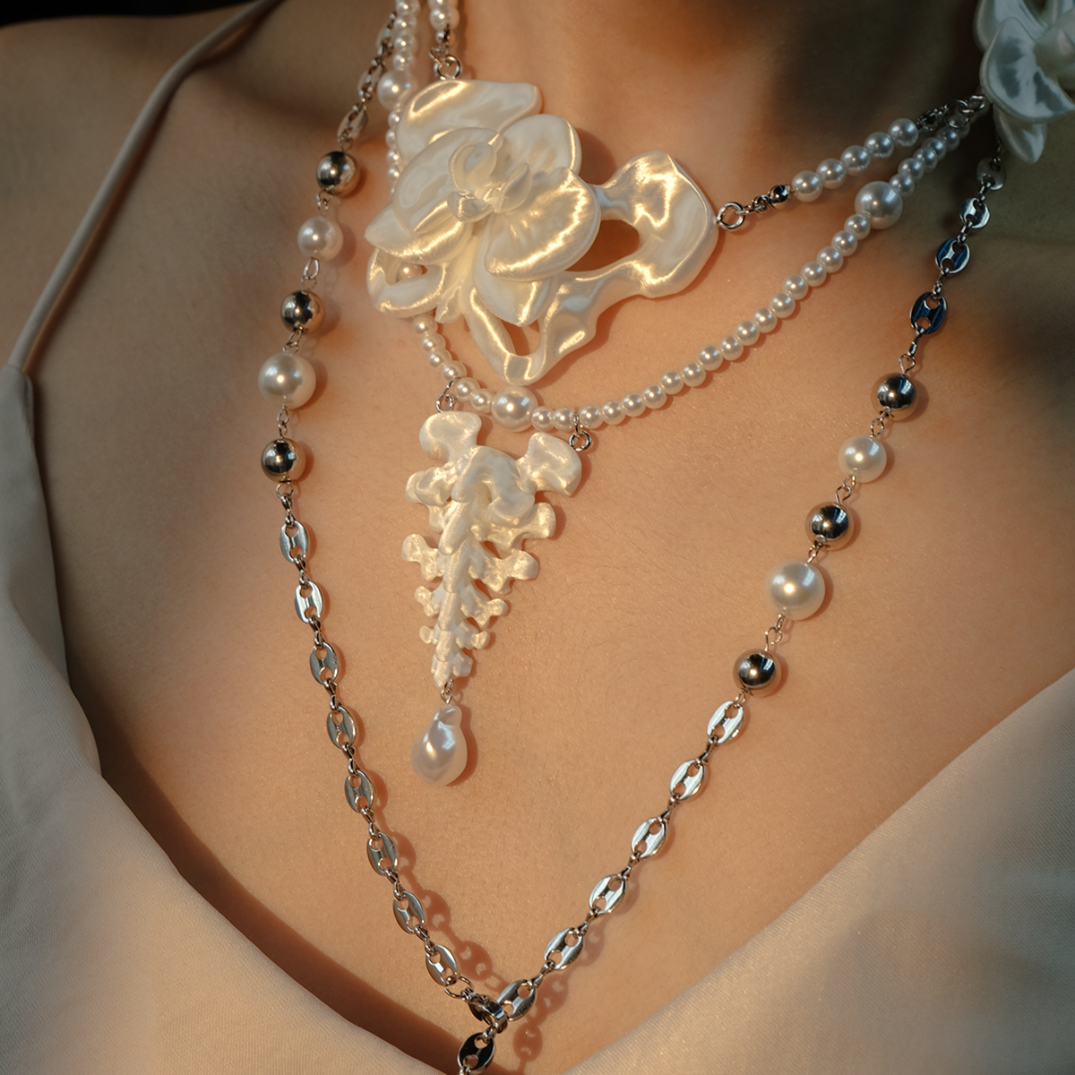 ZhuJi Artisan Collection: Orchid Cascade Necklace - 3D-Sculpted Wearable Art with Custom Stacking Poetry