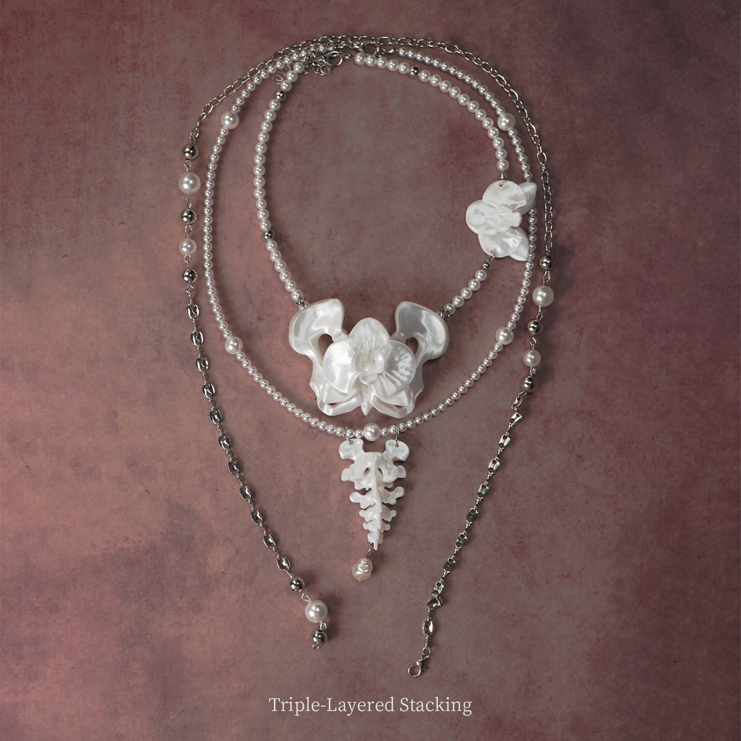 ZhuJi Artisan Collection: Orchid Cascade Necklace - 3D-Sculpted Wearable Art with Custom Stacking Poetry