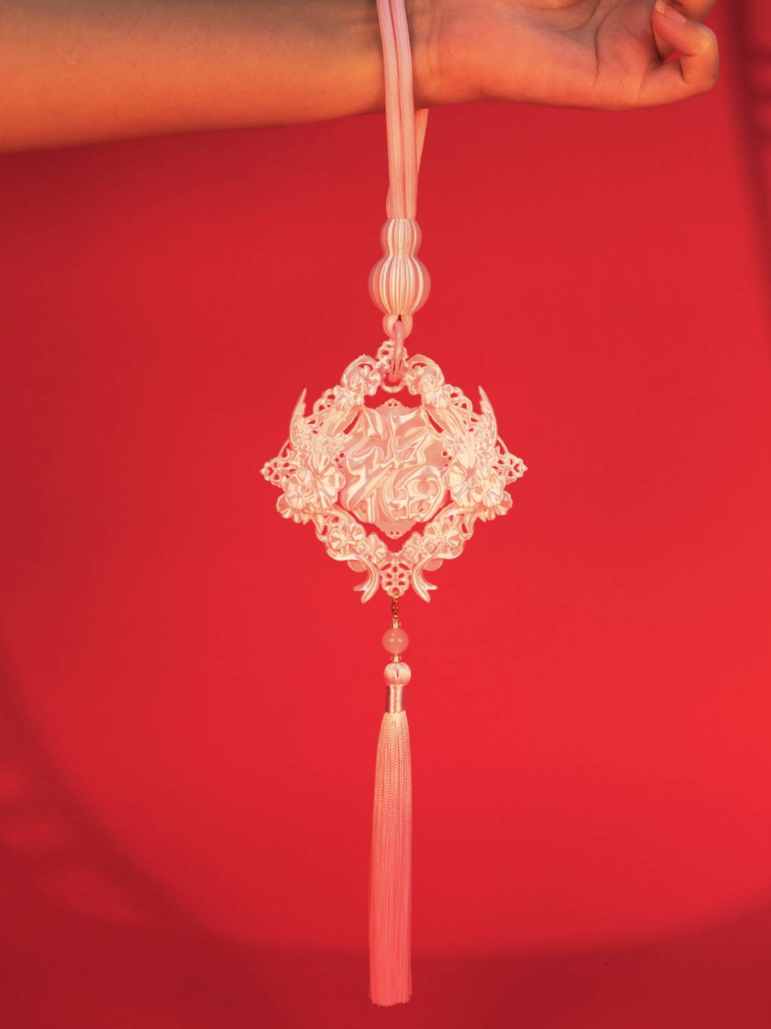ZhuJi Artisan Collection丨New Year Floral Blessing Pendant - Pink 3D-Printed Fu Character Ornament for Lantern Festival (Multi-use: Door/Keychain/Bag Charm)