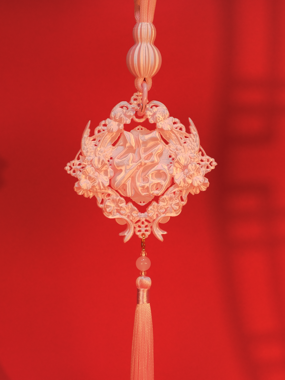 ZhuJi Artisan Collection丨New Year Floral Blessing Pendant - Pink 3D-Printed Fu Character Ornament for Lantern Festival (Multi-use: Door/Keychain/Bag Charm)