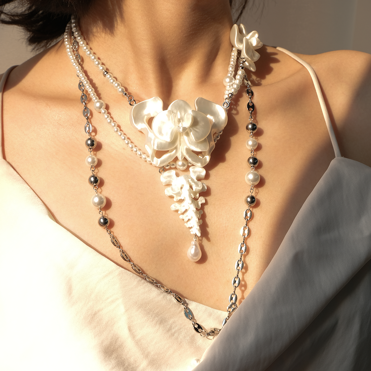 ZhuJi Artisan Collection: Orchid Cascade Necklace - 3D-Sculpted Wearable Art with Custom Stacking Poetry